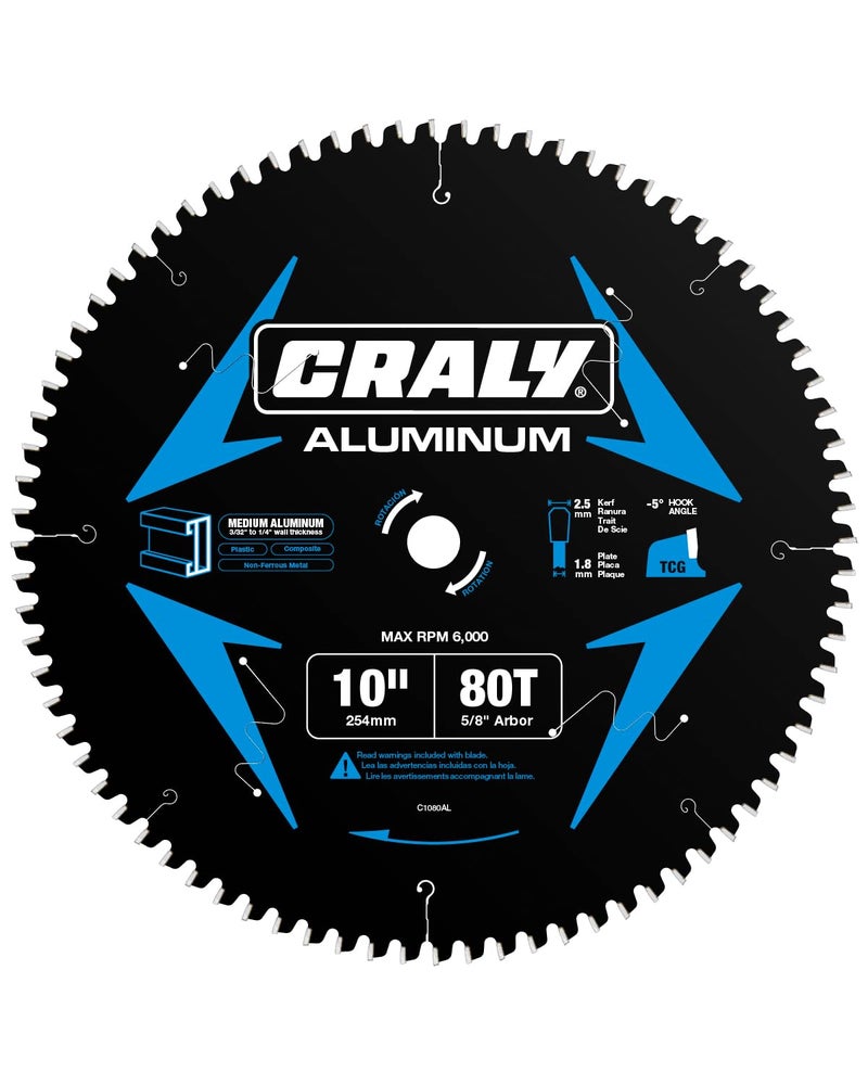 CRALY 10 Inch 80 Teeth Aluminum and Non-Ferrous Metal Cutting Circular Saw Blade, 5/8 Inch Arbor, Carbide Tipped, Thin Kerf, Black Ice Coating, for Medium Aluminum, Plastic, Composite(C1080AL) - Image 1